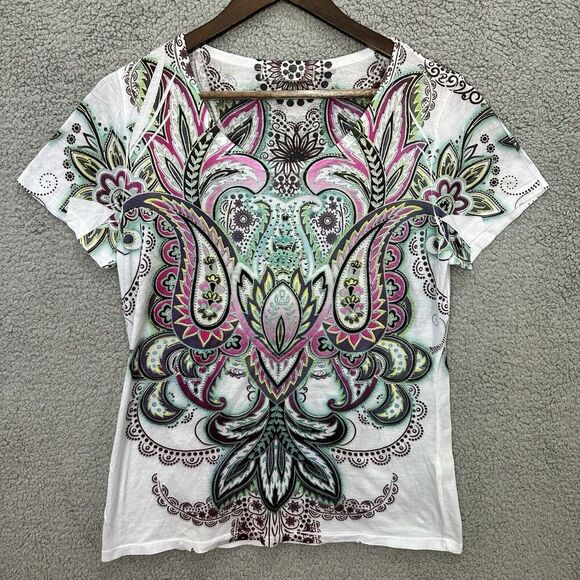 Vintage Y2K Top Kates Kloset Womens Large Paisley Geometric‎ Short Sleeve Boho - Picture 1 of 6